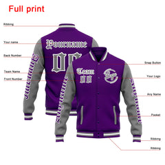 Custom Varsity Jacket Letterman Jacket For Men, Women And Youth Purple Grey