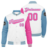 Custom Varsity Jacket Letterman Jacket For Men, Women And Youth White Light Blue Pink