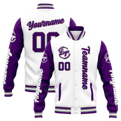 Custom Varsity Jacket Letterman Jacket For Men, Women And Youth White Purple