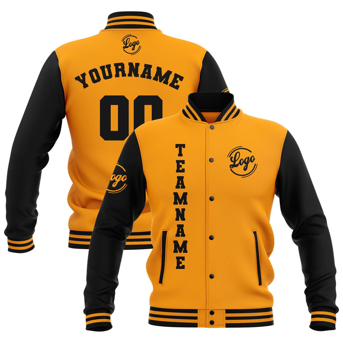 Custom Black Yellow Waterproof Varsity Jackets Personalized Stitched Name Number Logo to Letterman Jackets