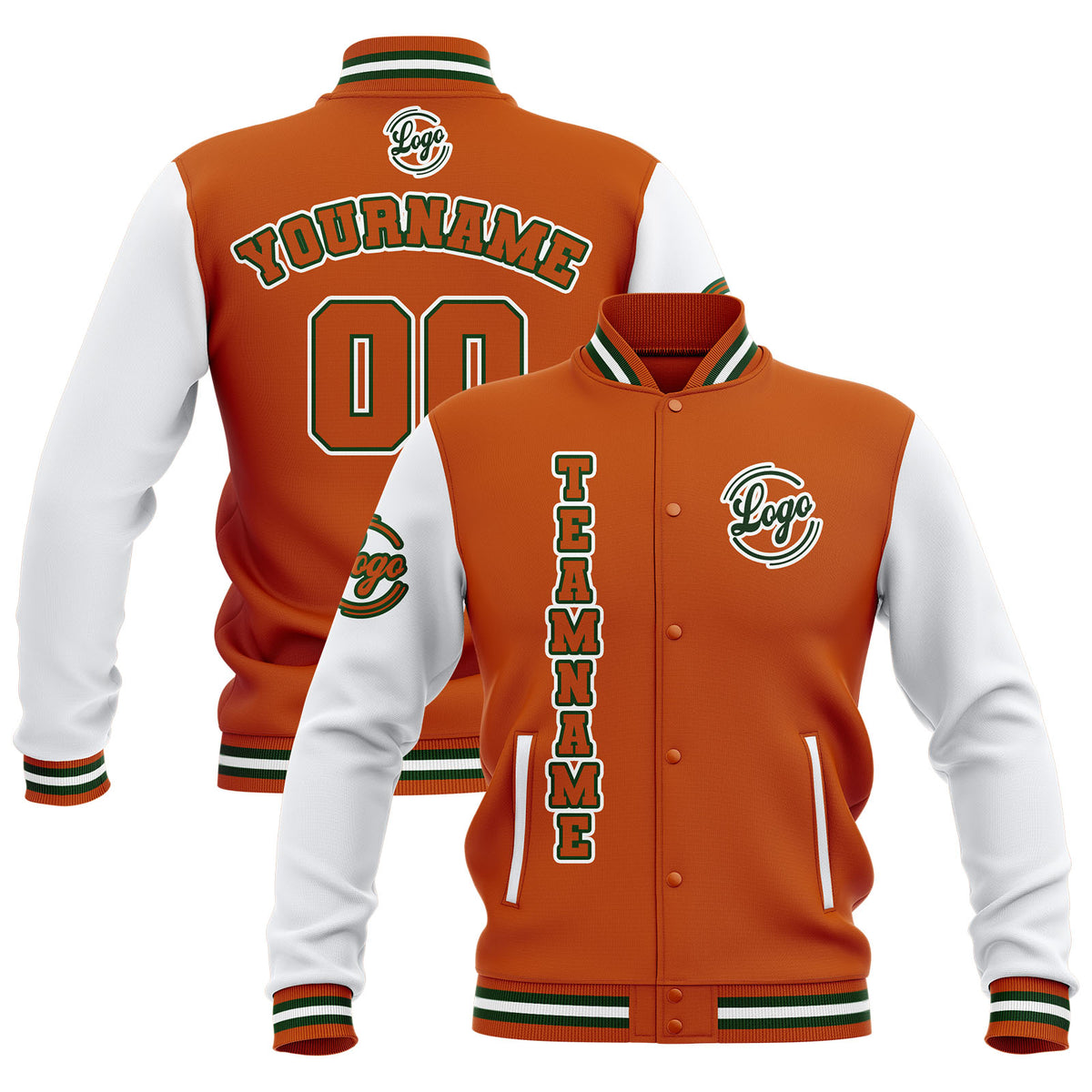 Custom Orange White Waterproof Varsity Jackets Personalized Stitched Name Number Logo to Letterman Jackets