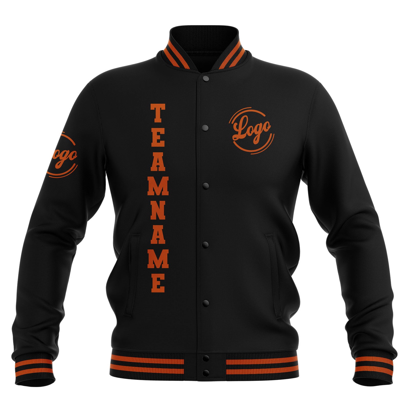 Custom Black Dark Orange Waterproof Varsity Jackets Personalized Stitched Name Number Logo to Letterman Jackets