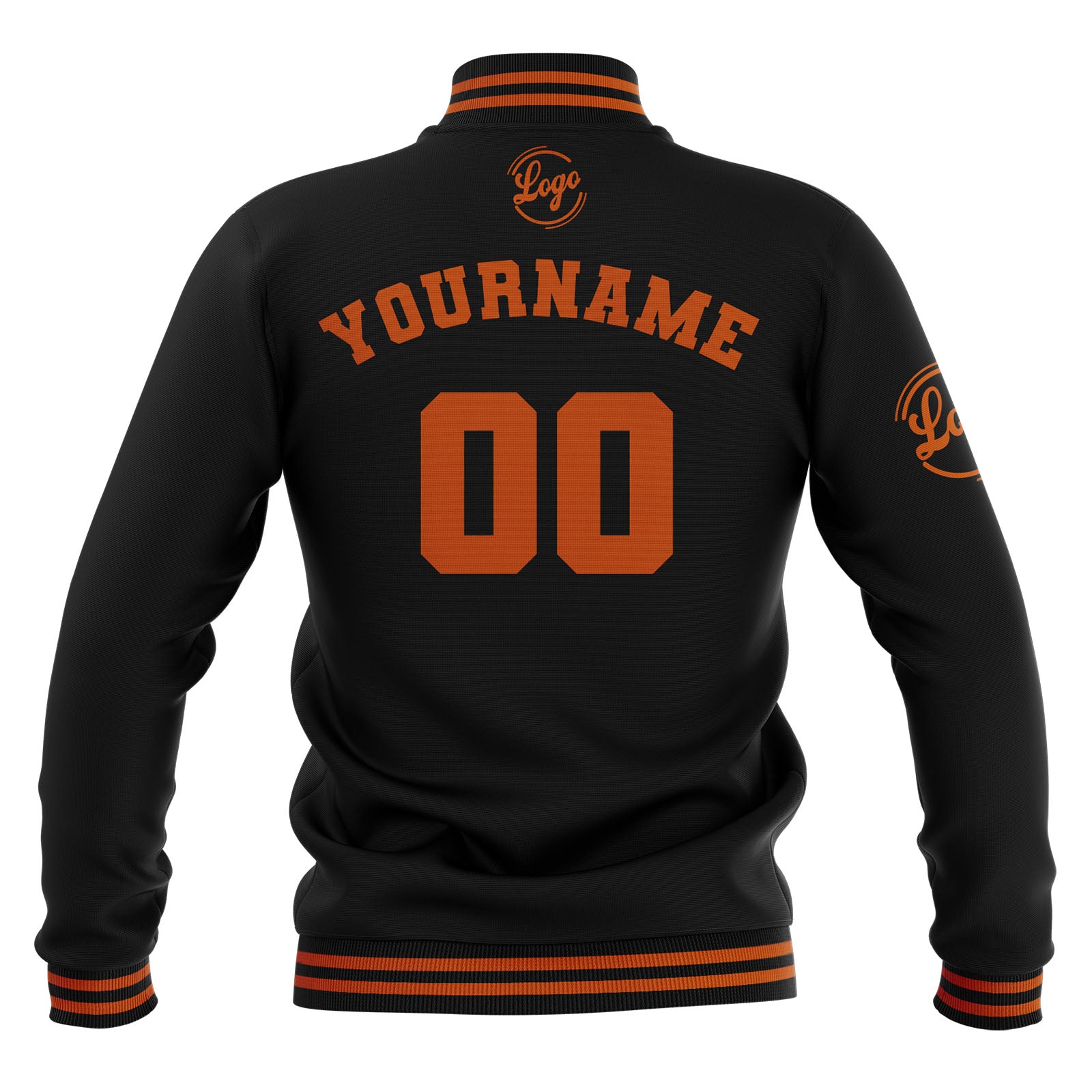 Custom Black Dark Orange Waterproof Varsity Jackets Personalized Stitched Name Number Logo to Letterman Jackets