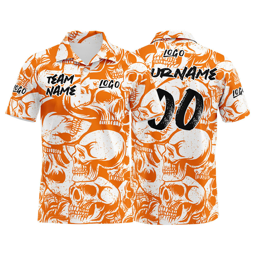 Custom Retro Skull-Orange&White Football Polo Shirts Add Your Unique Logo/Name/Number