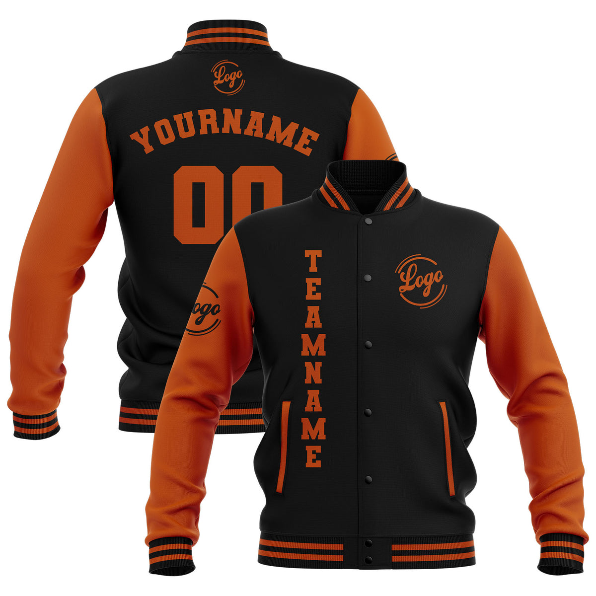 Custom Black Dark Orange Waterproof Varsity Jackets Personalized Stitched Name Number Logo to Letterman Jackets