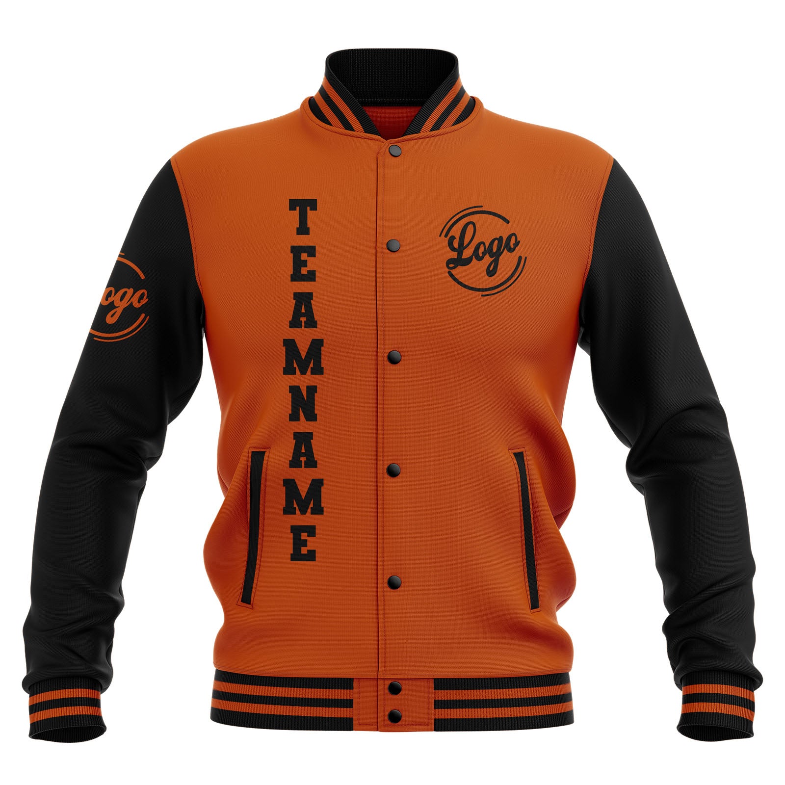 Custom Black Dark Orange Waterproof Varsity Jackets Personalized Stitched Name Number Logo to Letterman Jackets