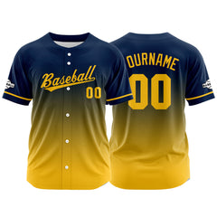 Custom Gradient Print Hip Hop Button Down Baseball Jersey Navy-Yellow