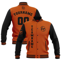 Custom Black Dark Orange Waterproof Varsity Jackets Personalized Stitched Name Number Logo to Letterman Jackets