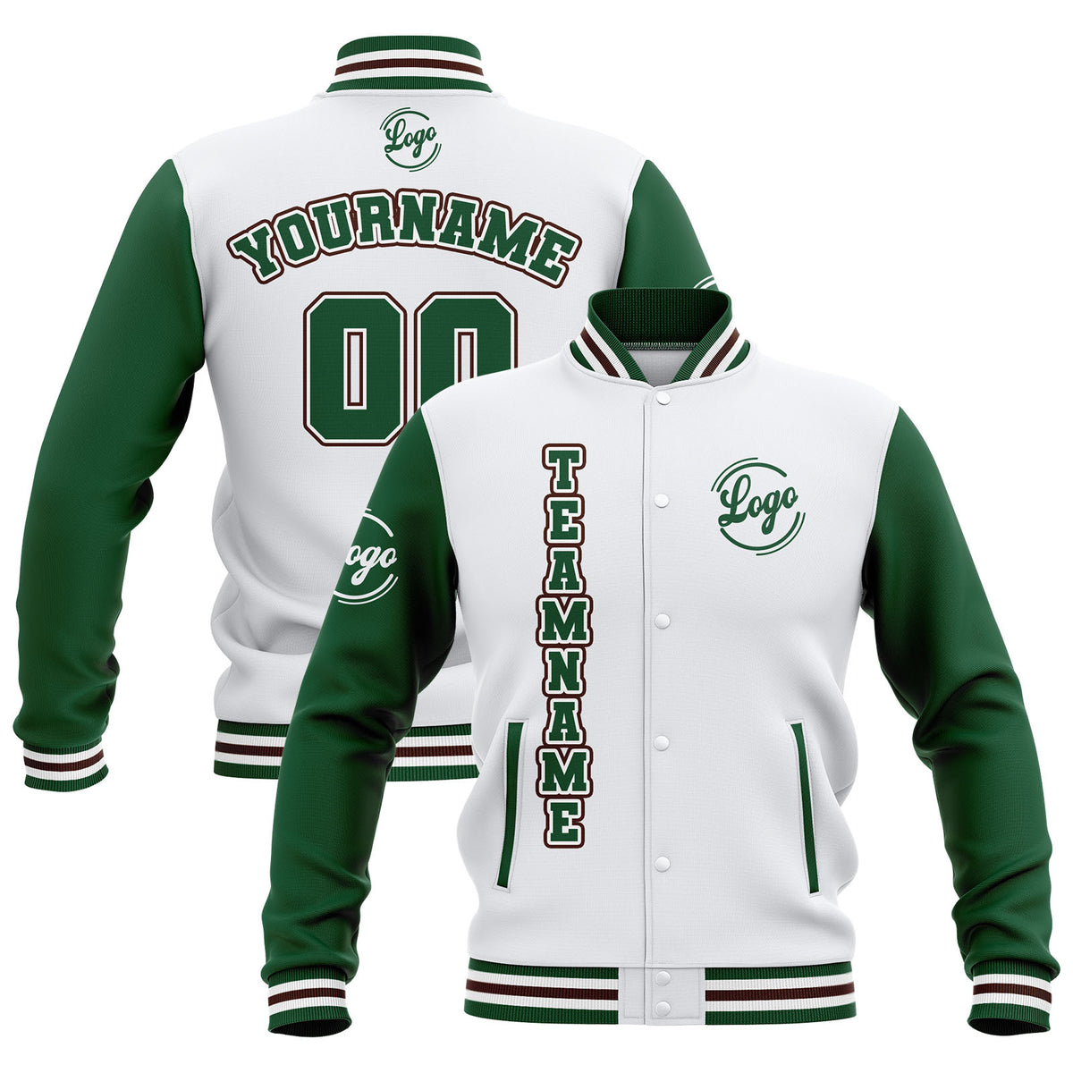 Custom White Green Brown Waterproof Varsity Jackets Personalized Stitched Name Number Logo to Letterman Jackets