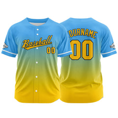 Custom Gradient Print Hip Hop Button Down Baseball Jersey Light Blue-Yellow