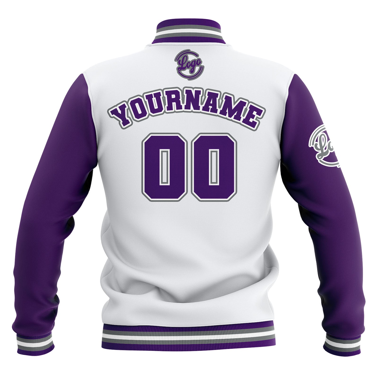 Custom White Purple Grey Waterproof Varsity Jackets Personalized Stitched Name Number Logo to Letterman Jackets