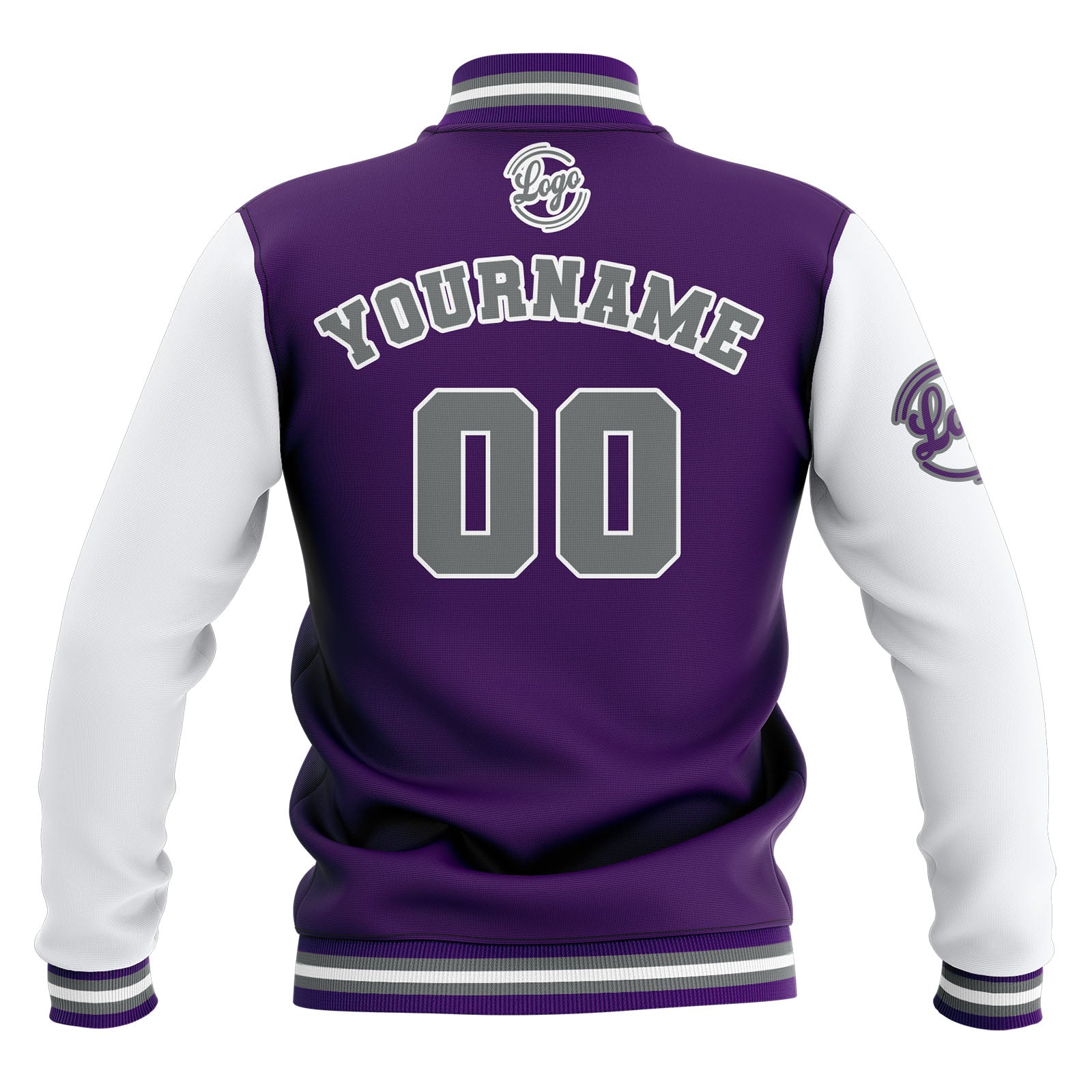 Custom Purple White Grey Waterproof Varsity Jackets Personalized Stitched Name Number Logo to Letterman Jackets