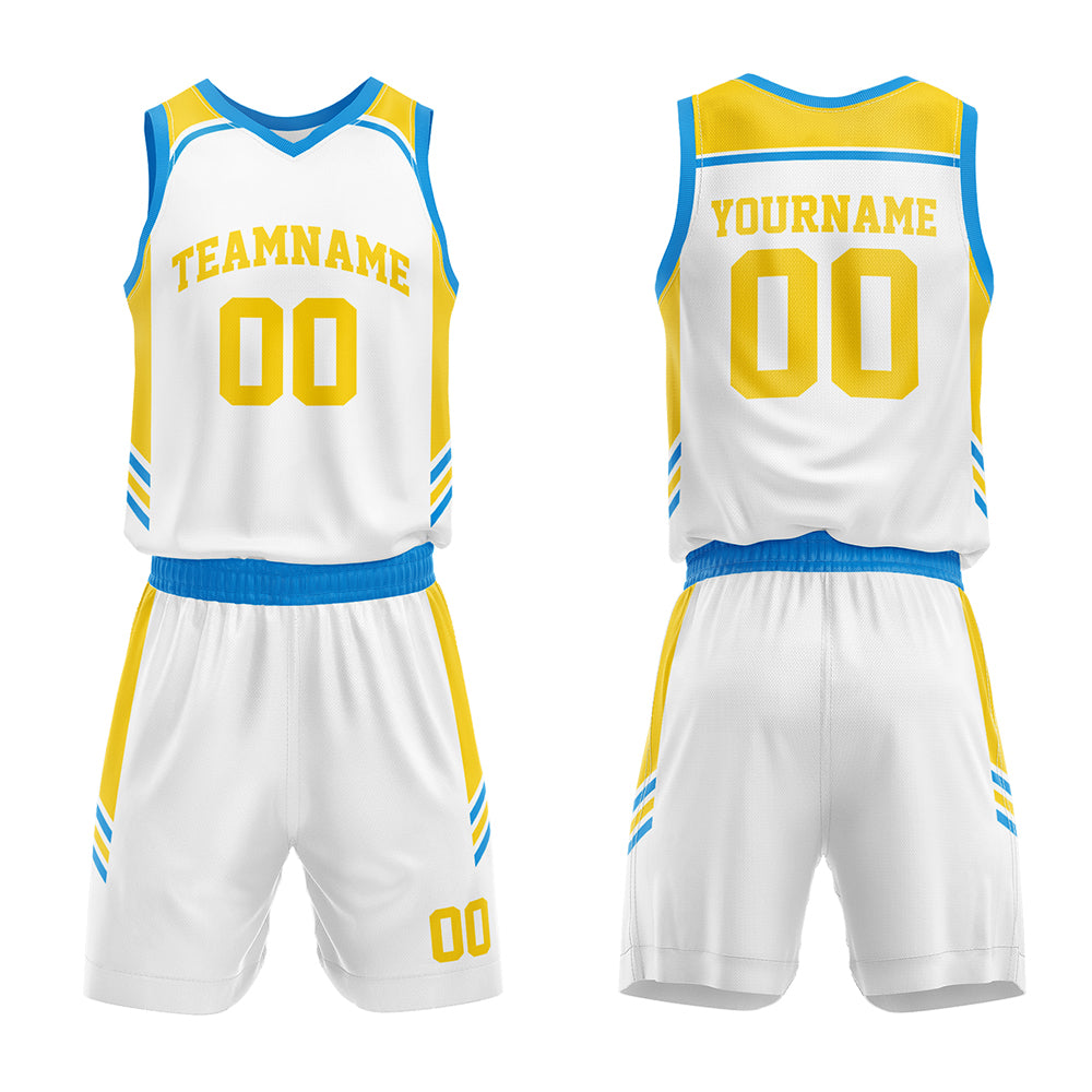 Custom White-Blue-Yellow Basketball Jersey for man women uniform Suit Kids Adults Personalized Jersey