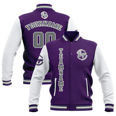 Custom Purple White Grey Waterproof Varsity Jackets Personalized Stitched Name Number Logo to Letterman Jackets