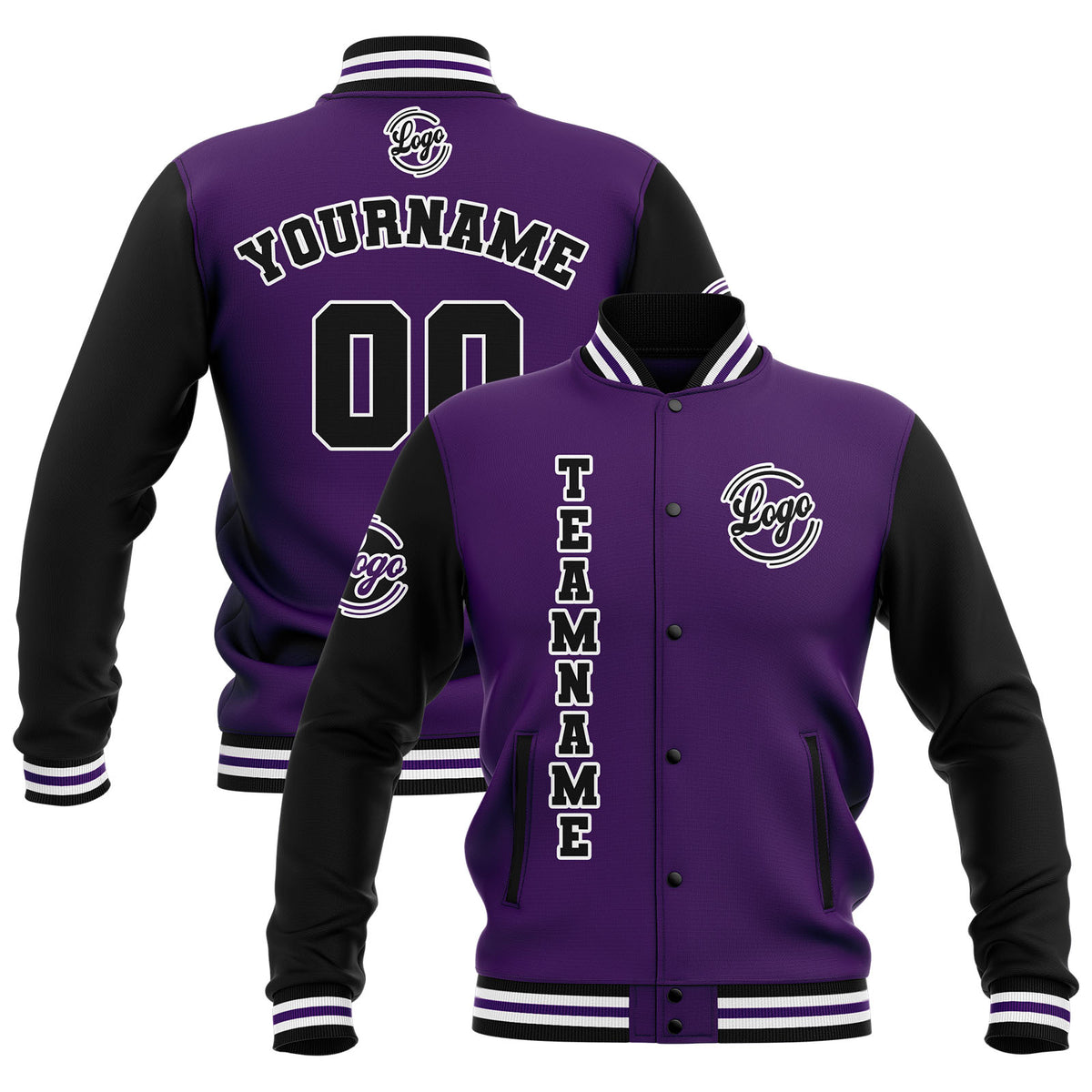 Custom Black Purple White  Waterproof Varsity Jackets Personalized Stitched Name Number Logo to Letterman Jackets