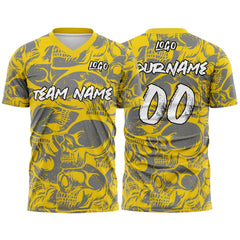 Custom Retro Skull-Yellow&Grey T-Shirts for Sports Fans, Personalized Name and Number