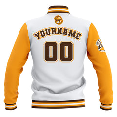 Custom White Yellow Brown Waterproof Varsity Jackets Personalized Stitched Name Number Logo to Letterman Jackets