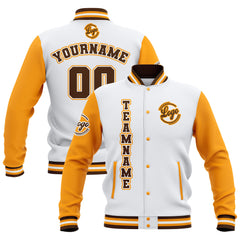 Custom White Yellow Brown Waterproof Varsity Jackets Personalized Stitched Name Number Logo to Letterman Jackets