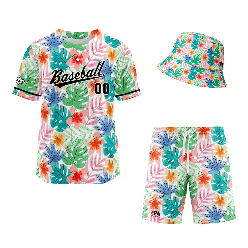 Custom Hawaiian Baseball Jersey and Shorts Set 2 Pieces Print Beach Suit with adults and kid for Bucket Hats