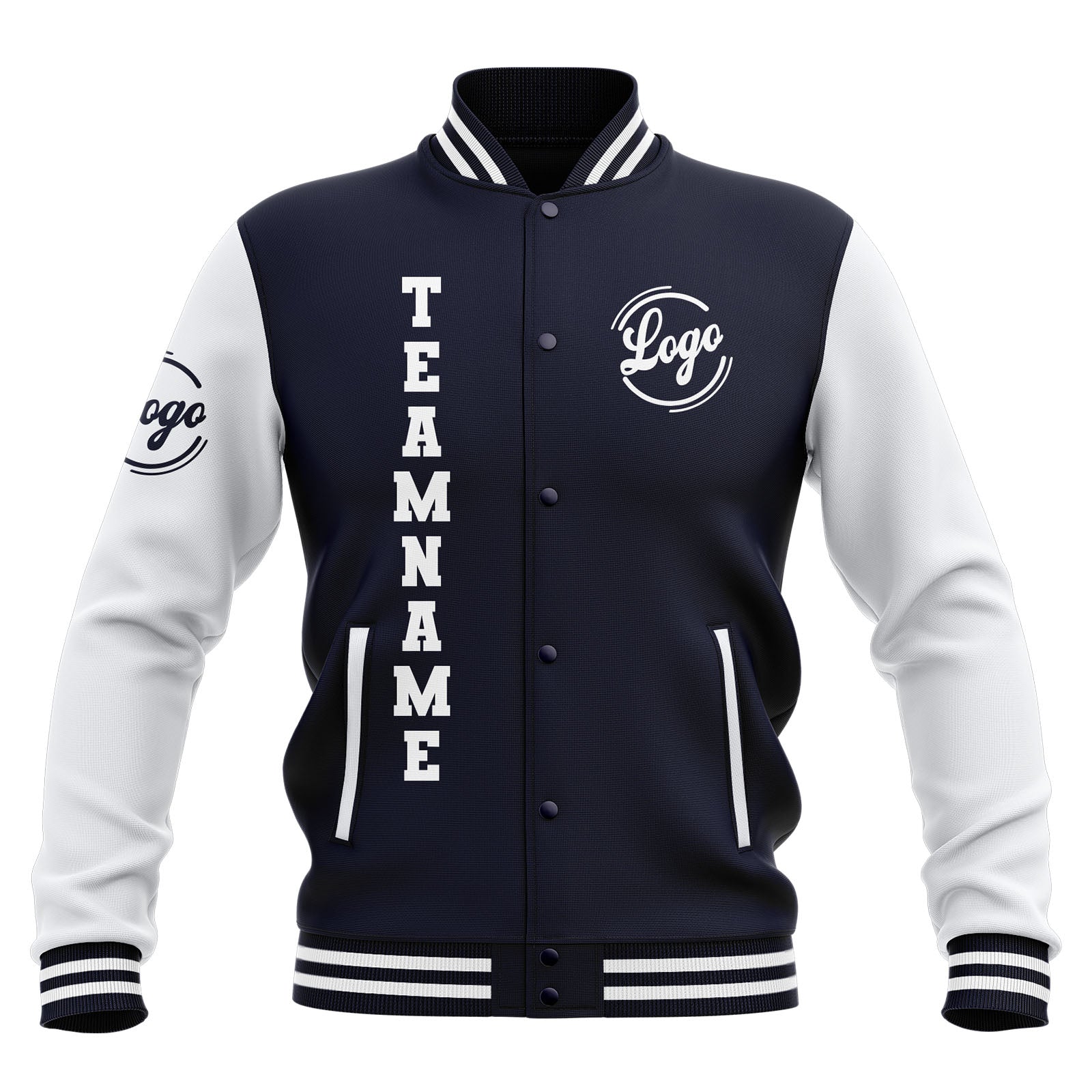 Custom Navy White Waterproof Varsity Jackets Personalized Stitched Name Number Logo to Letterman Jackets