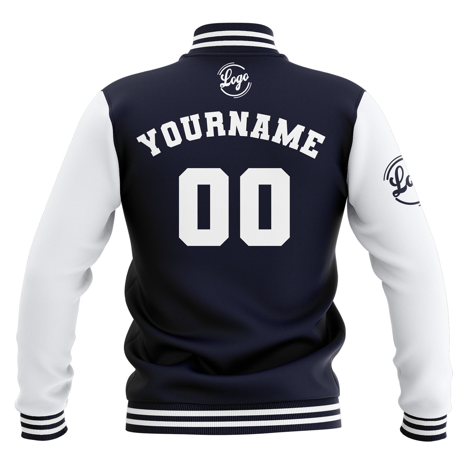 Custom Navy White Waterproof Varsity Jackets Personalized Stitched Name Number Logo to Letterman Jackets