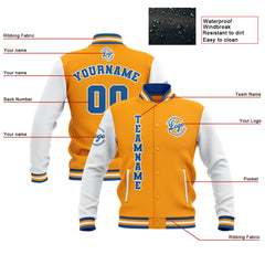 Custom Yellow White Blue Waterproof Varsity Jackets Personalized Stitched Name Number Logo to Letterman Jackets