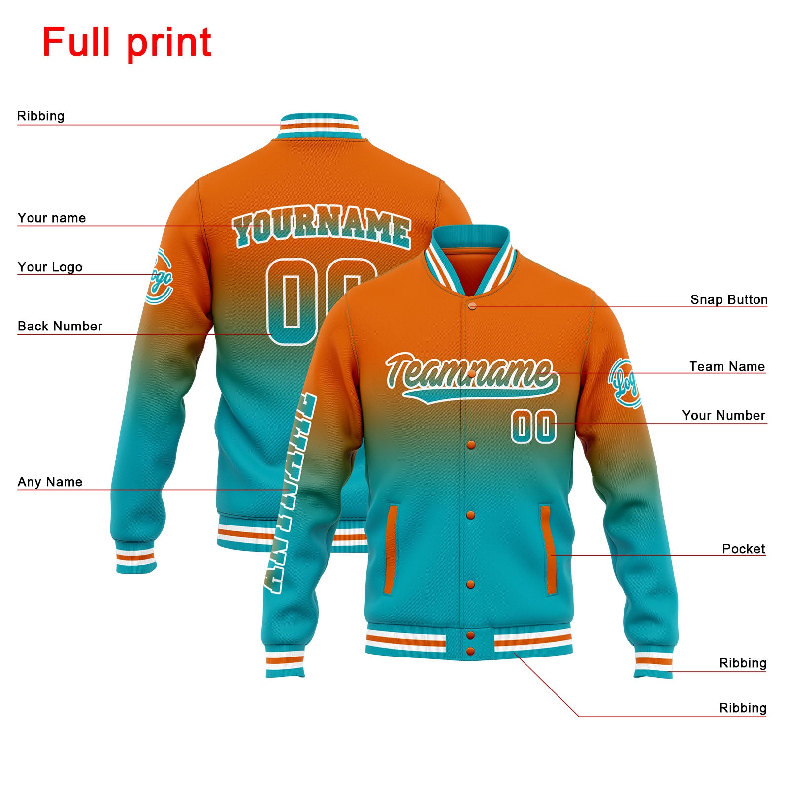 Custom Varsity Jacket Letterman Jacket For Men, Women And Youth Orange Teal Gradient