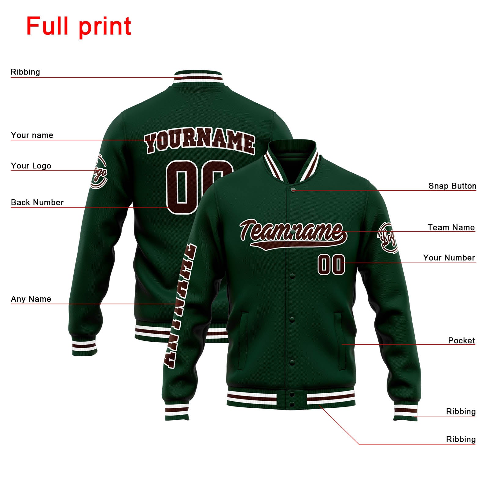 Custom Varsity Jacket Letterman Jacket For Men, Women And Youth Green Brown