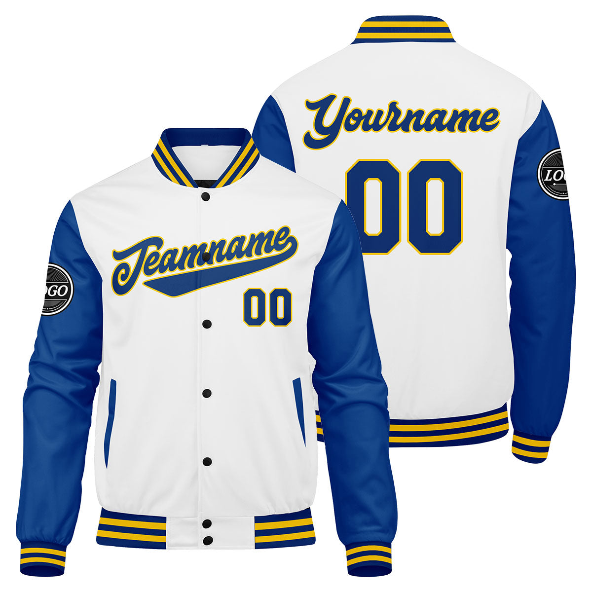 Custom Varsity Jacket Letterman Jacket For Men, Women And Youth Royal White Yellow