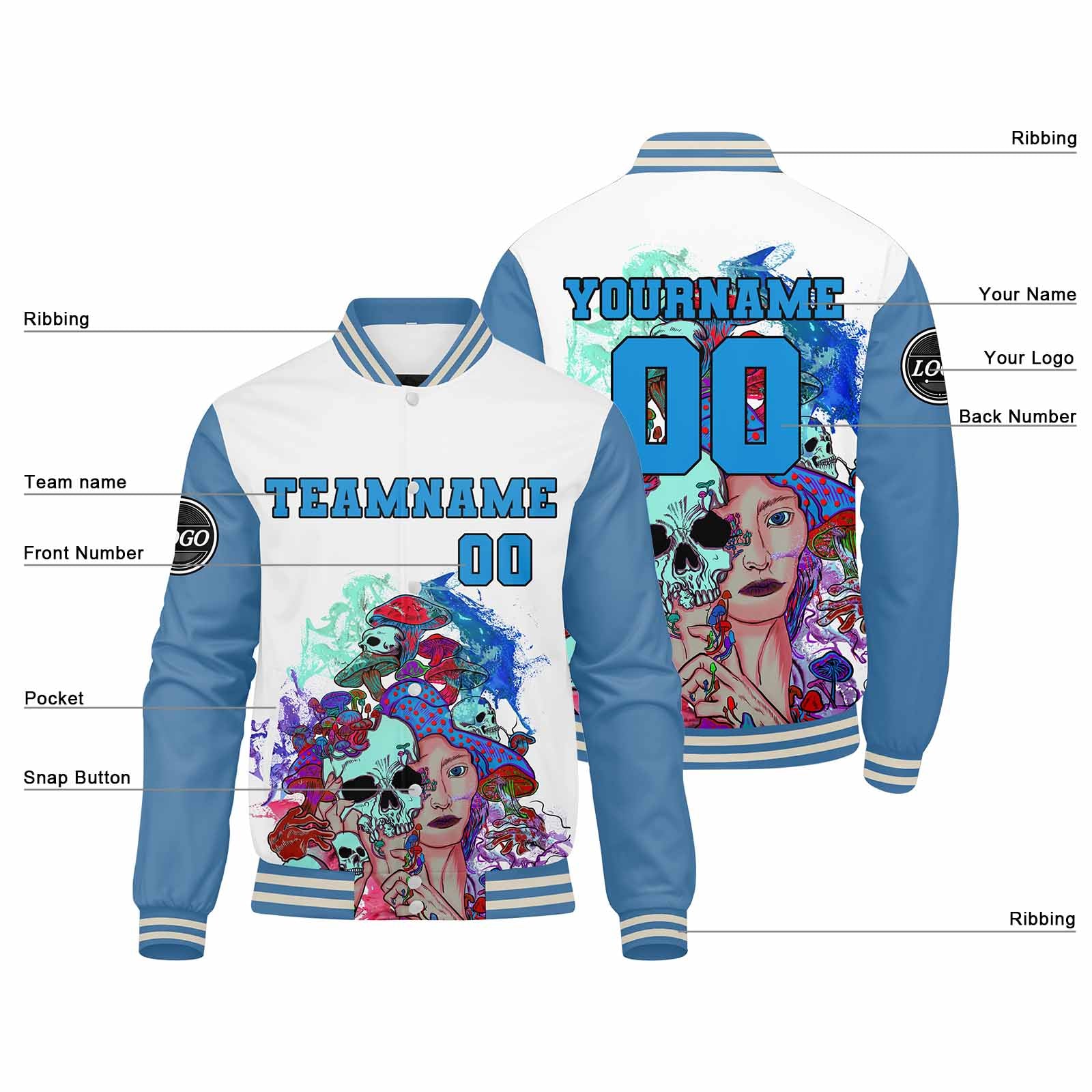 Custom Varsity Jacket Letterman Jacket For Men, Women And Youth Light Blue