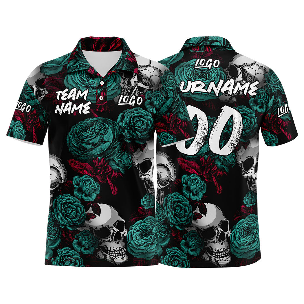 Custom Rose Skull-Green Football Polo Shirts Add Your Unique Logo/Name/Number