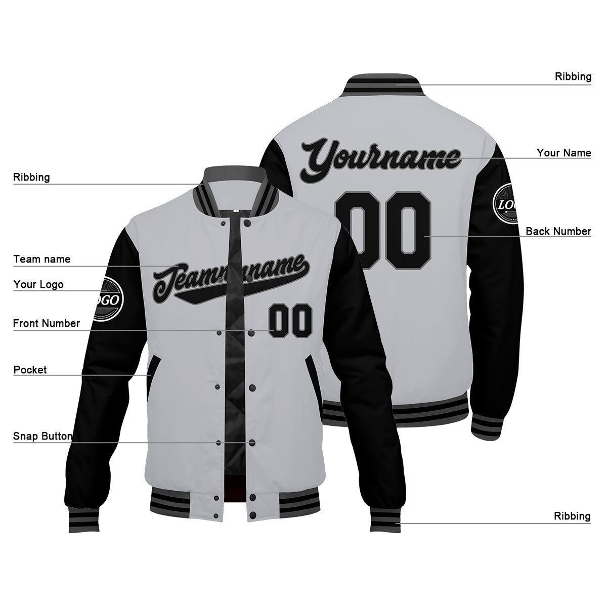 Custom Varsity Jacket Letterman Jacket For Men, Women And Youth Grey Black