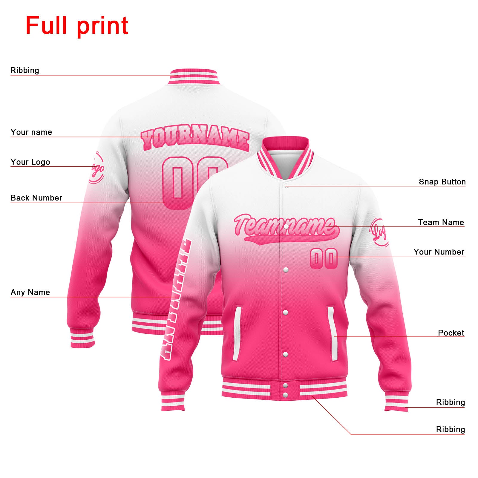 Custom Varsity Jacket Letterman Jacket For Men, Women And Youth White Pink Gradient