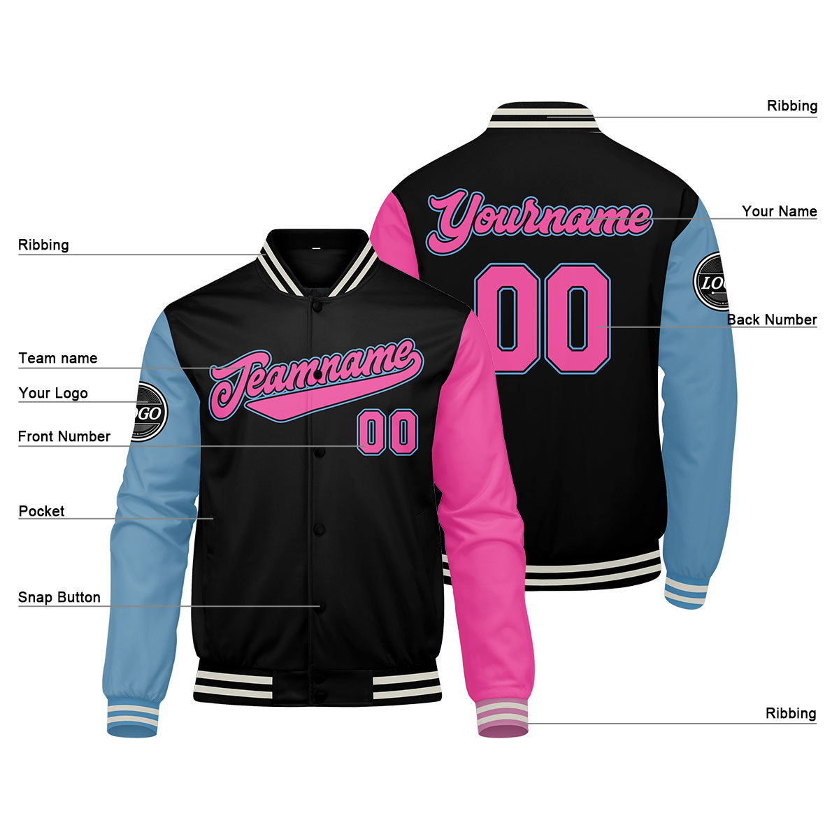 Custom Varsity Jacket Letterman Jacket For Men, Women And Youth Black Light Blue Pink