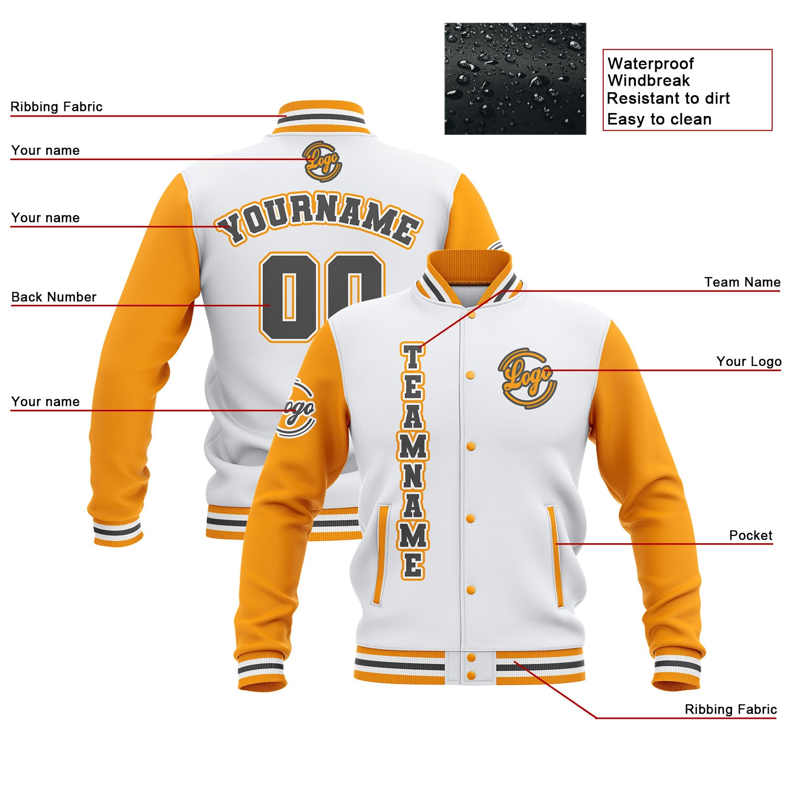 Custom White Yellow Grey Waterproof Varsity Jackets Personalized Stitched Name Number Logo to Letterman Jackets