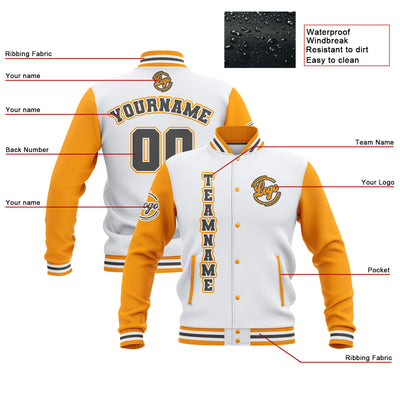 Custom White Yellow Grey Waterproof Varsity Jackets Personalized Stitched Name Number Logo to Letterman Jackets