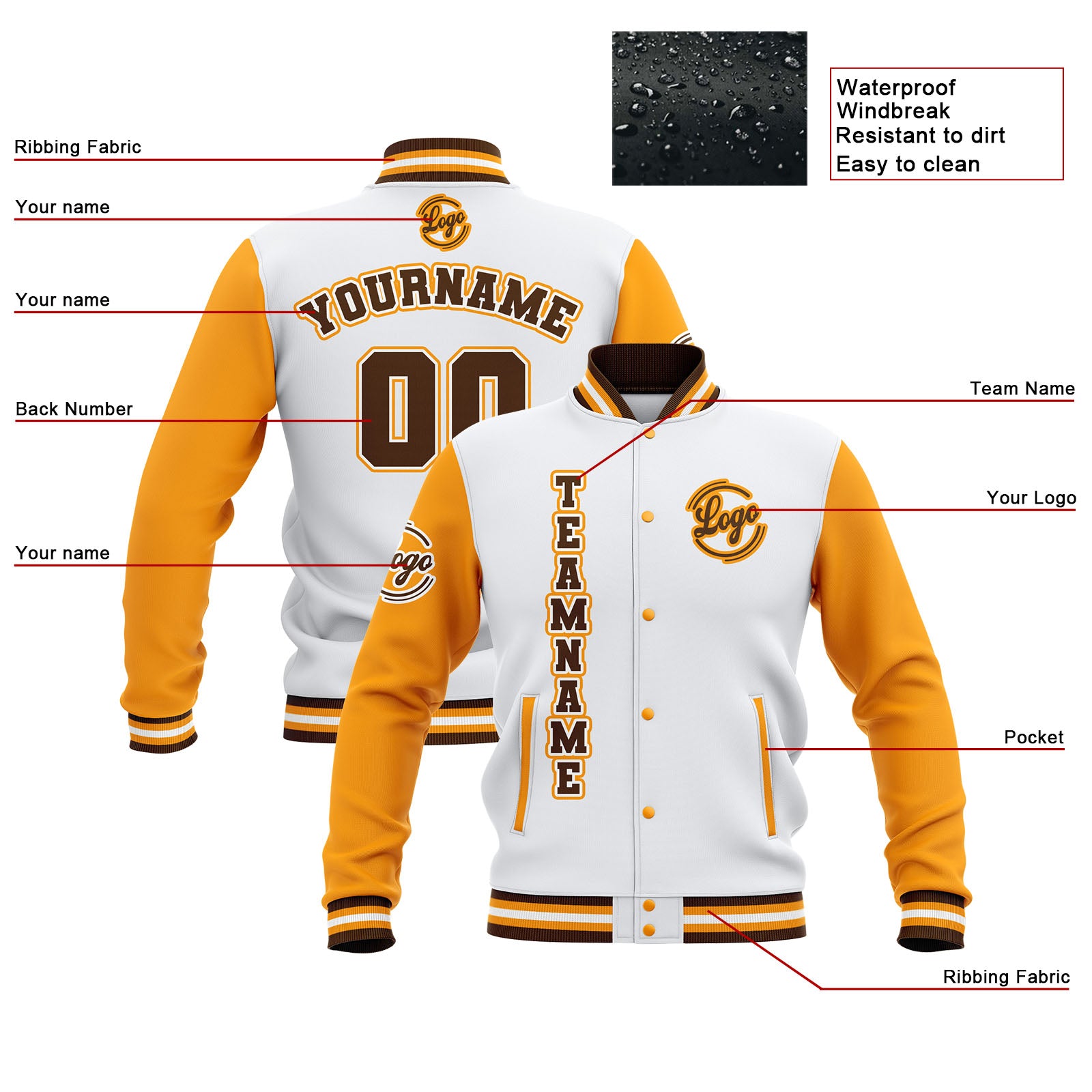 Custom White Yellow Brown Waterproof Varsity Jackets Personalized Stitched Name Number Logo to Letterman Jackets