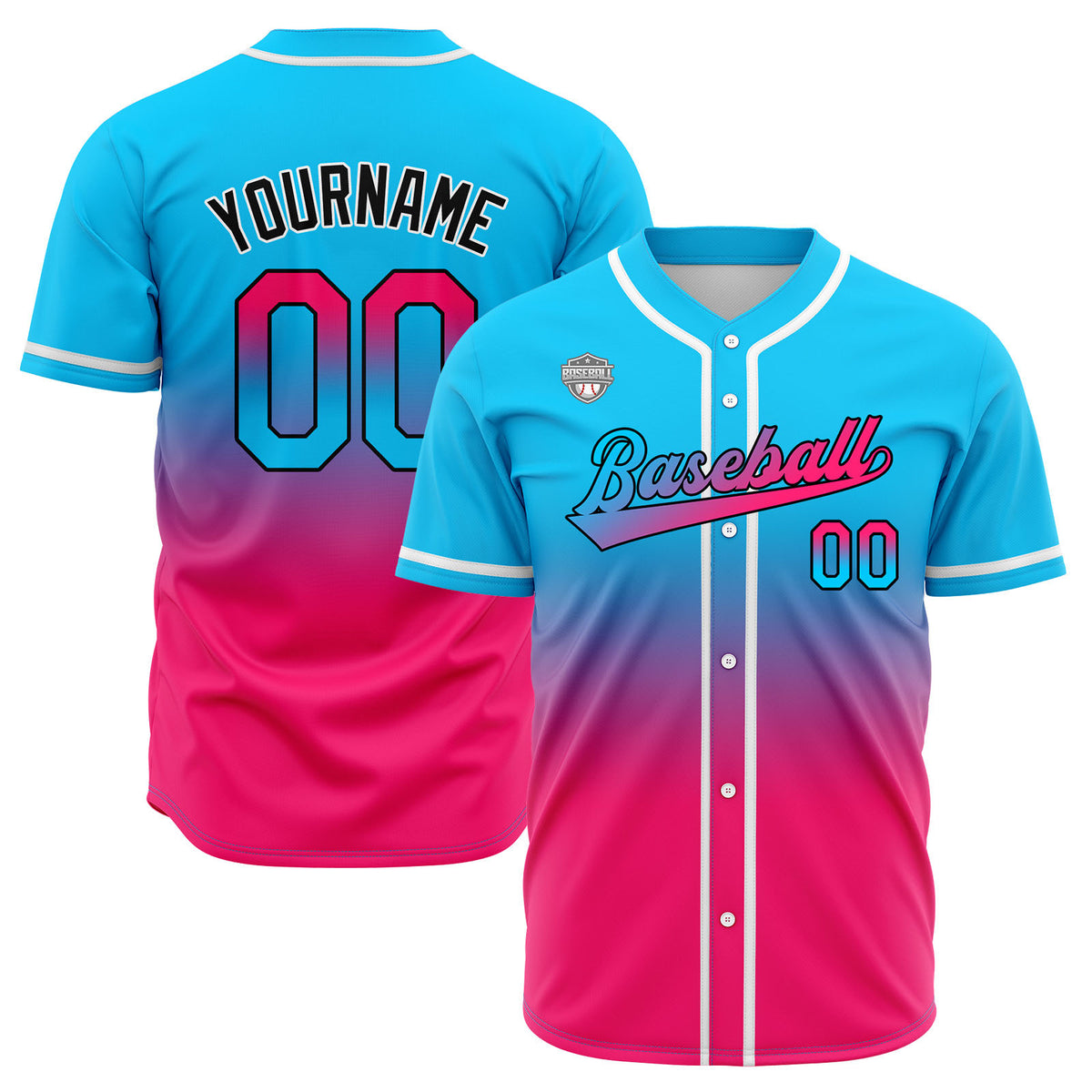 Custom Gradient Print Hip Hop Button Down Baseball Jersey Light Blue&Pink