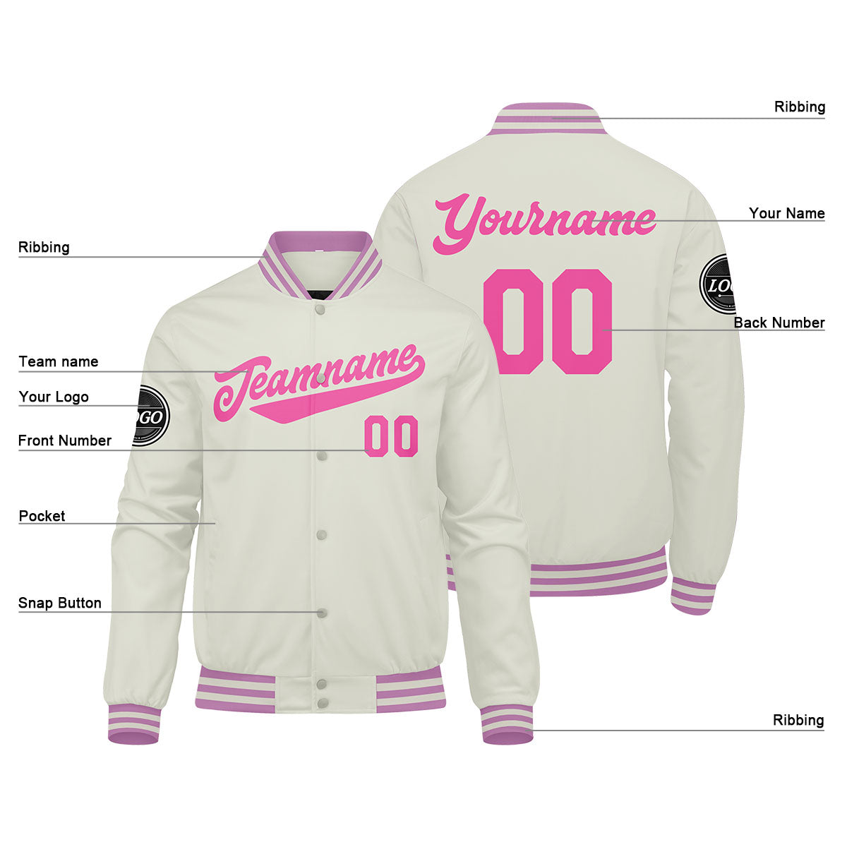 Custom Varsity Jacket Letterman Jacket For Men, Women And Youth Cream Pink