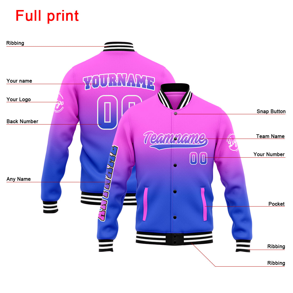Custom Varsity Jacket Letterman Jacket For Men, Women And Youth Pink&Blue