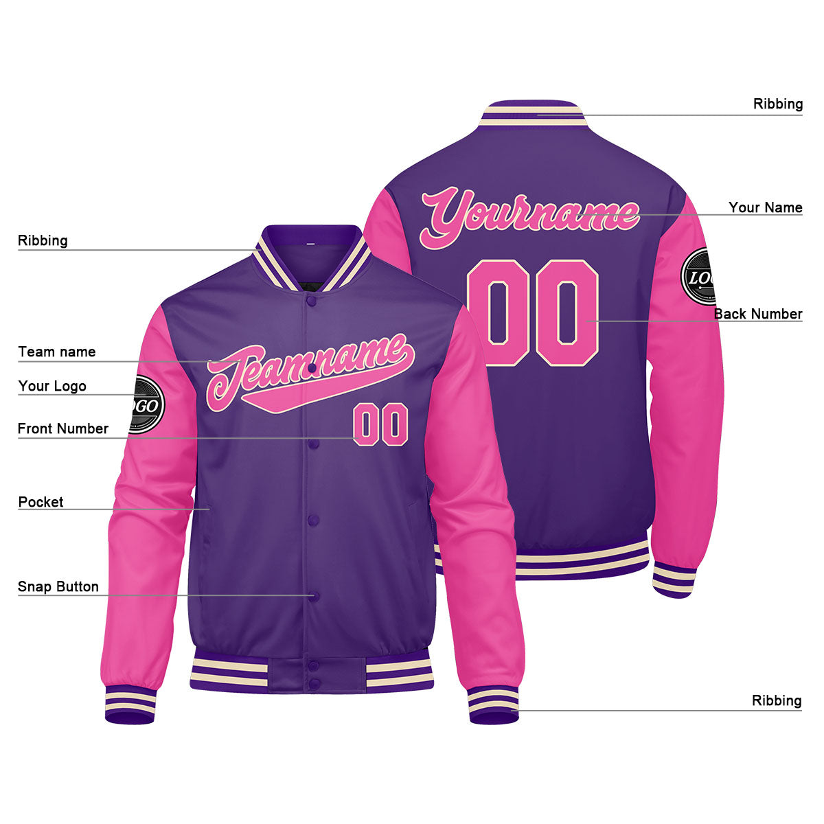 Custom Varsity Jacket Letterman Jacket For Men, Women And Youth Purple Pink