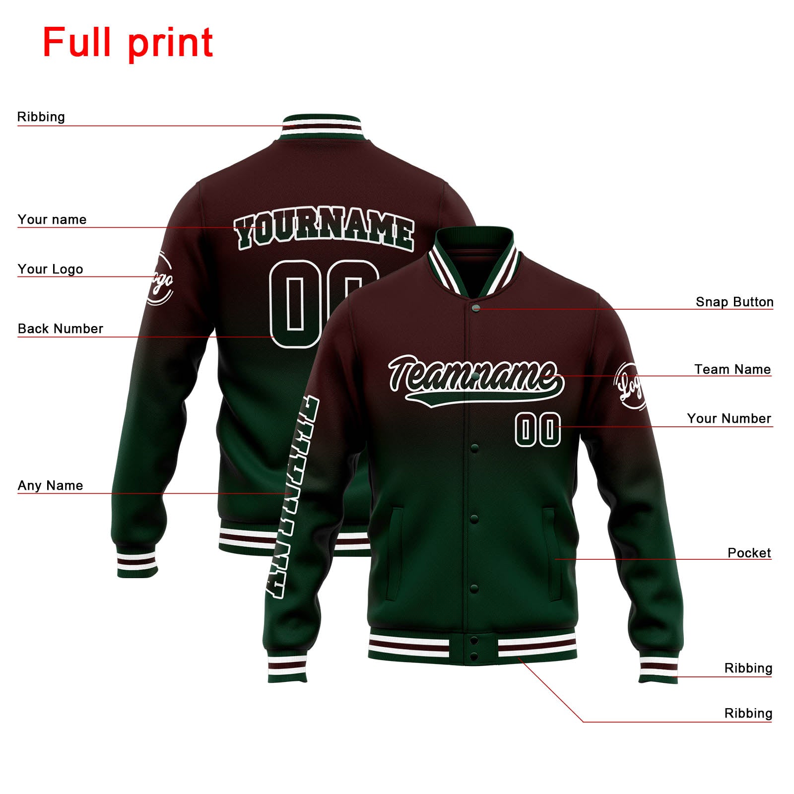 Custom Varsity Jacket Letterman Jacket For Men, Women And Youth Brown Green Gradient