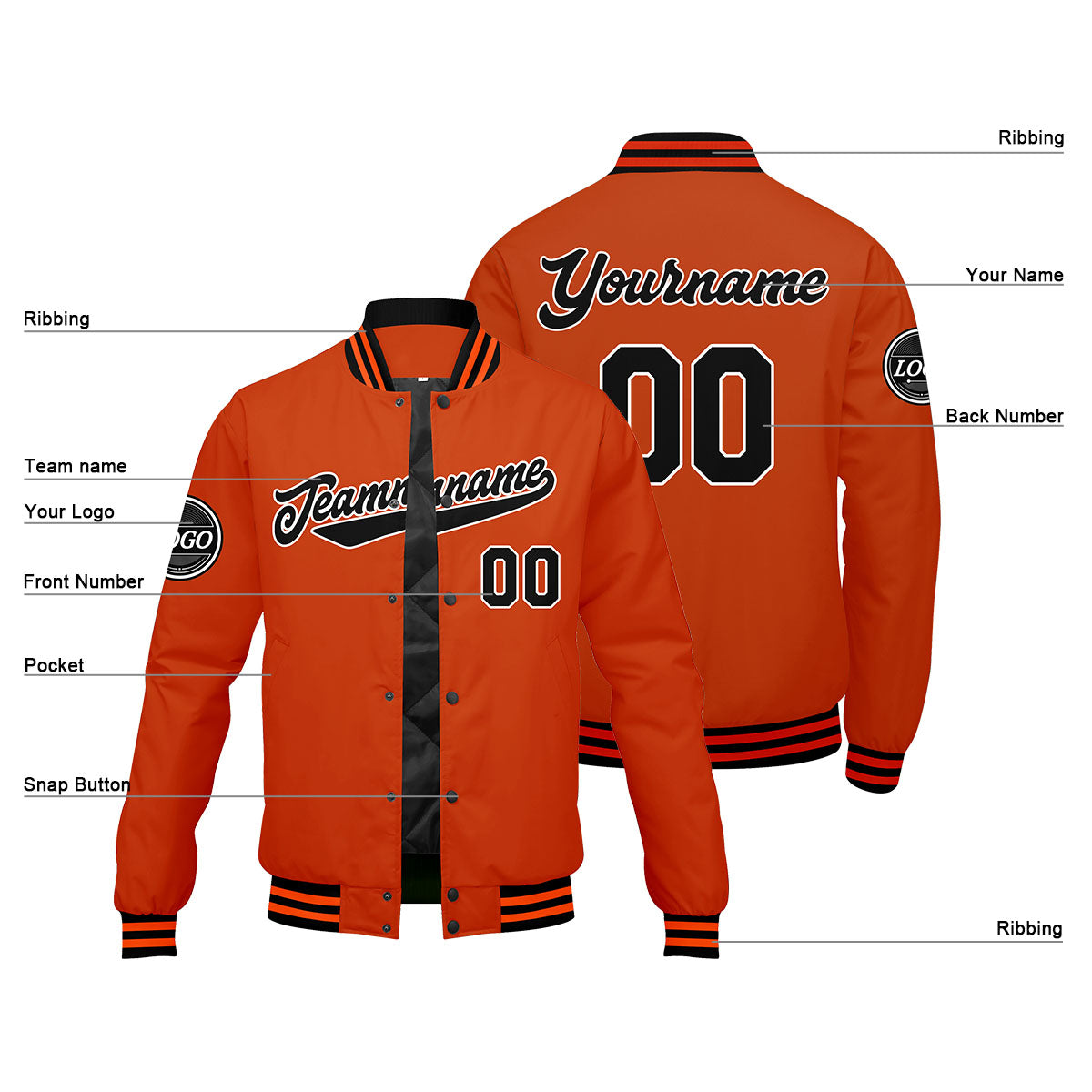 Custom Varsity Jacket Letterman Jacket For Men, Women And Youth Black Orange