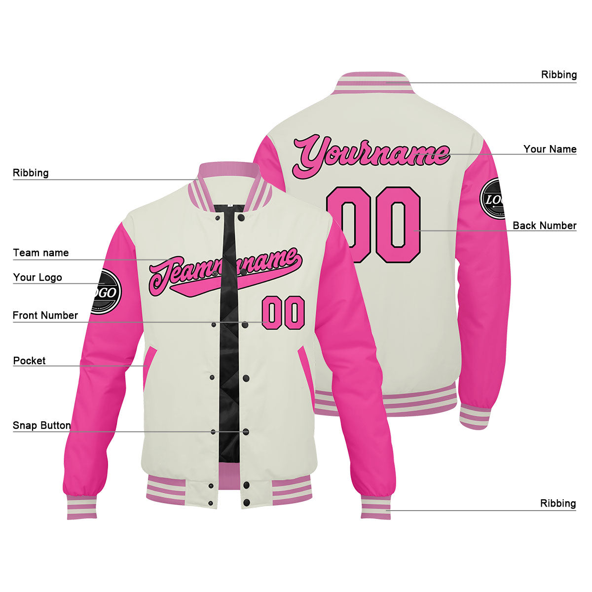 Custom Varsity Jacket Letterman Jacket For Men, Women And Youth Pink