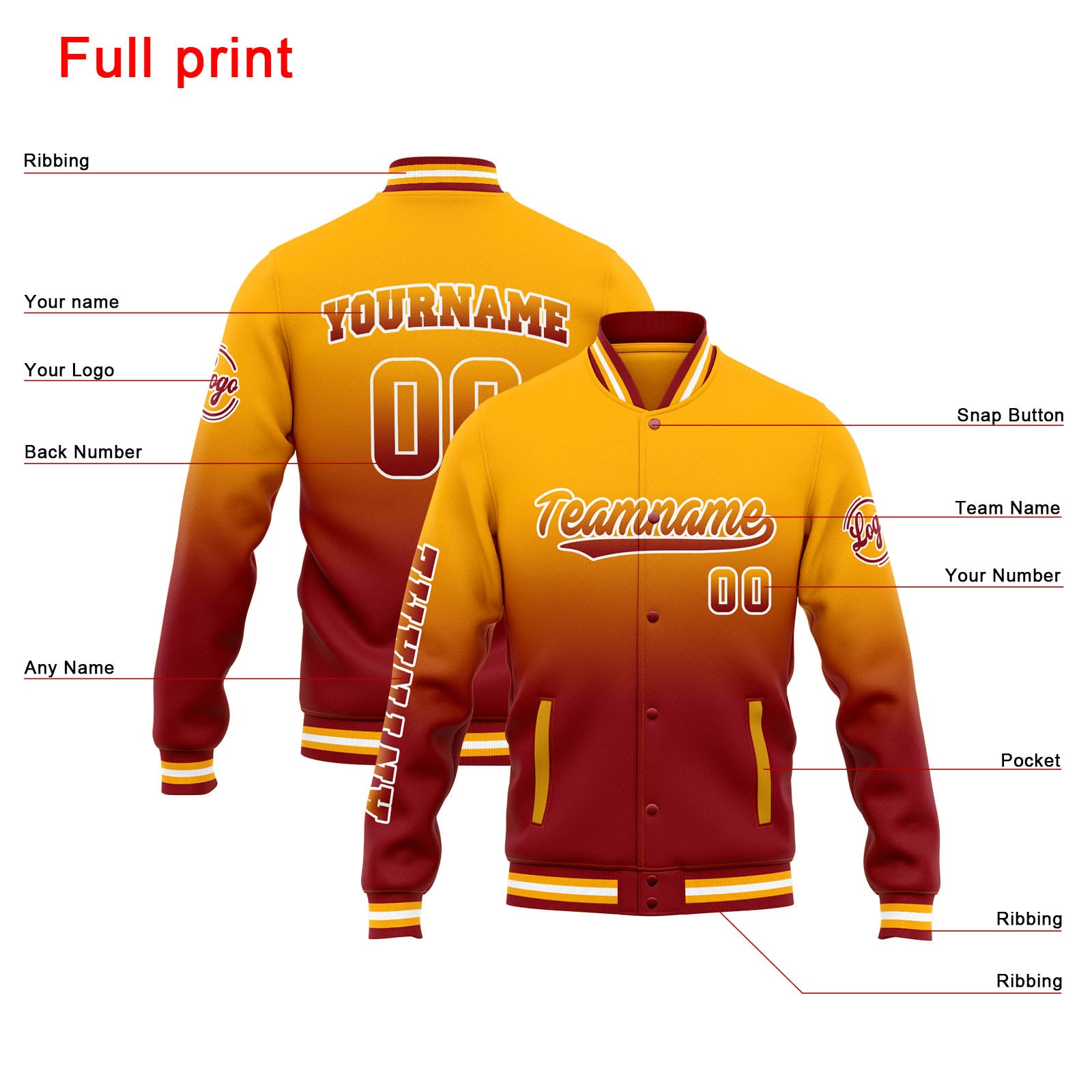 Custom Varsity Jacket Letterman Jacket For Men, Women And Youth Orange Red Gradient