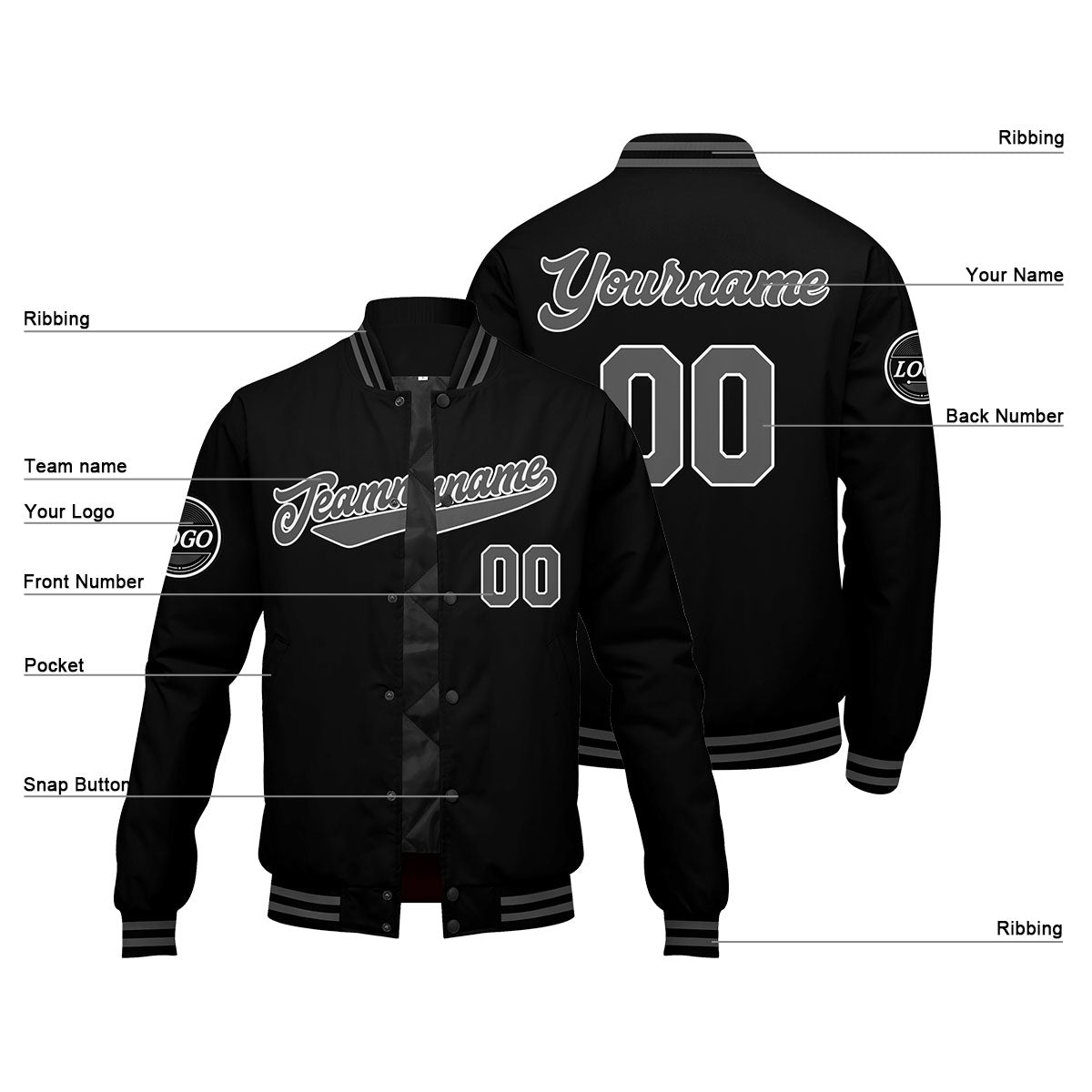 Custom Varsity Jacket Letterman Jacket For Men, Women And Youth Black Grey