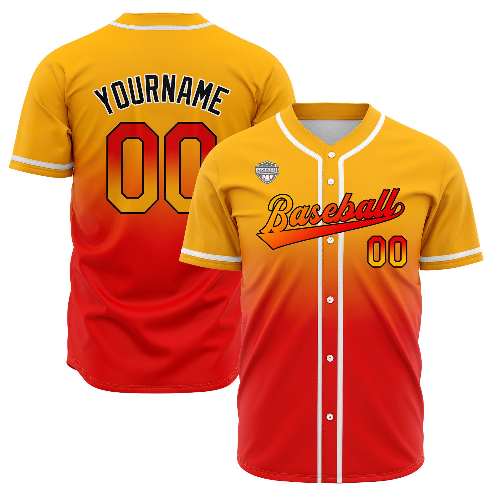 Custom Gradient Print Hip Hop Button Down Baseball Jersey Light Orange&Red