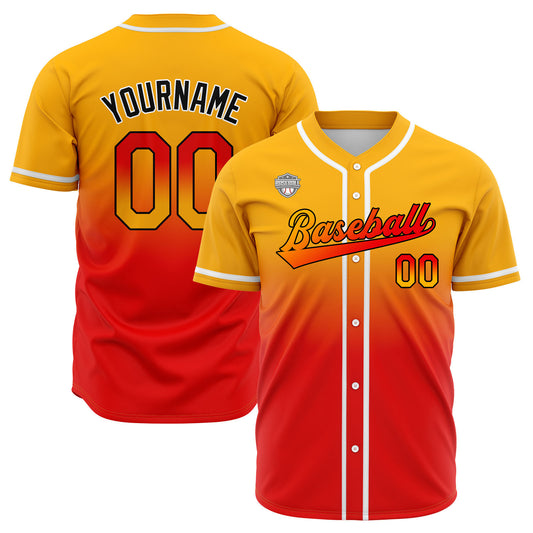 Custom Gradient Print Hip Hop Button Down Baseball Jersey Light Orange&Red