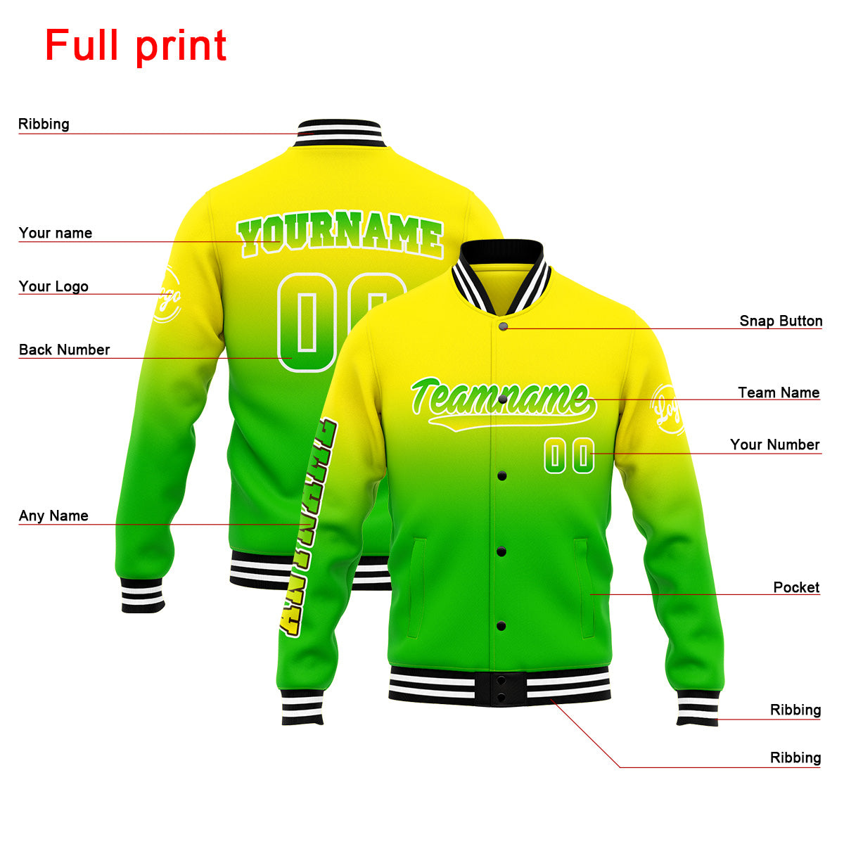 Custom Varsity Jacket Letterman Jacket For Men, Women And Youth Yellow&Green