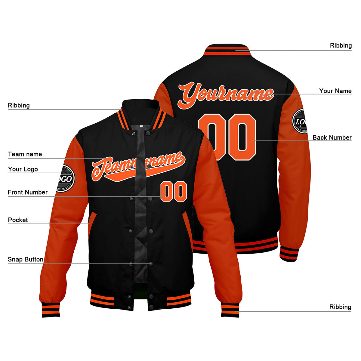Custom Varsity Jacket Letterman Jacket For Men, Women And Youth Black Orange